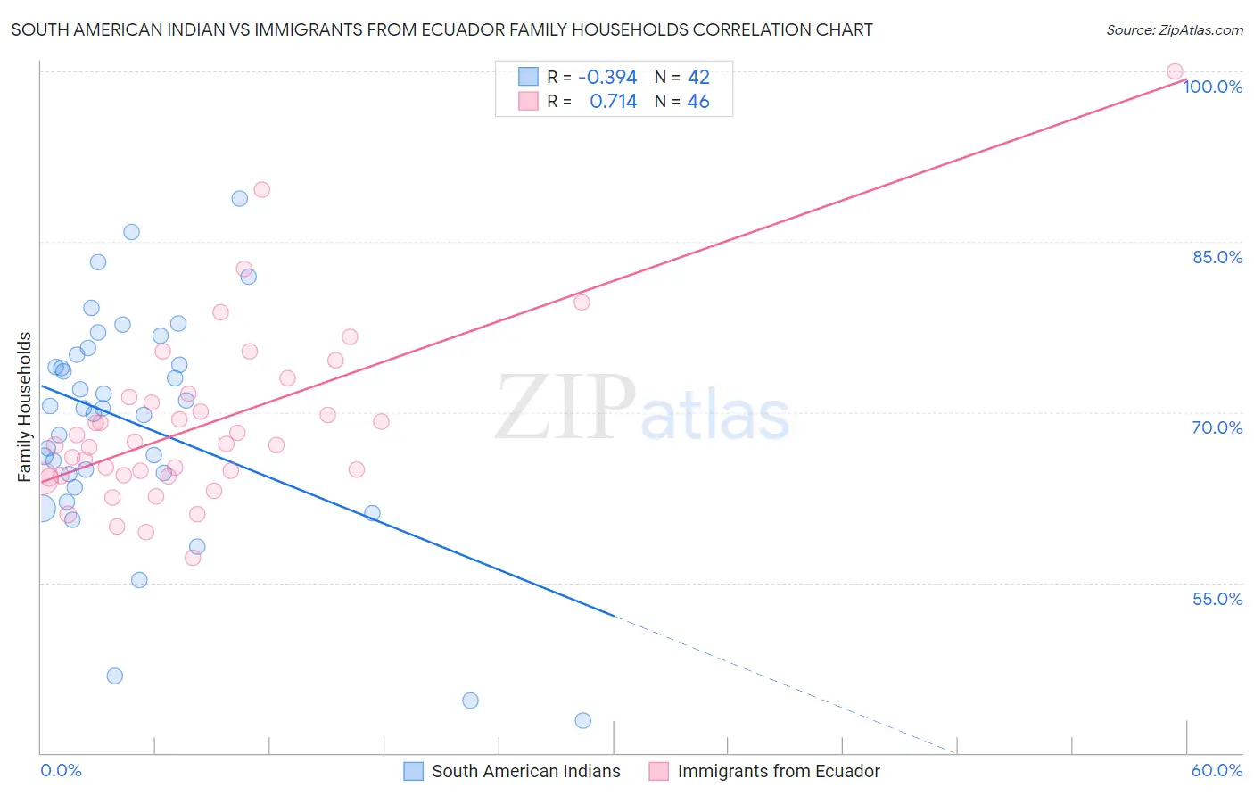 South American Indian vs Immigrants from Ecuador Family Households