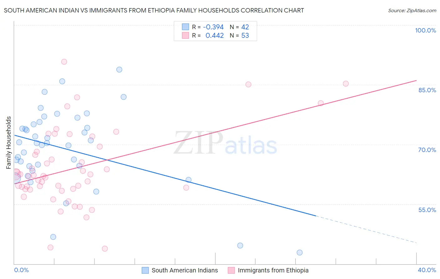 South American Indian vs Immigrants from Ethiopia Family Households