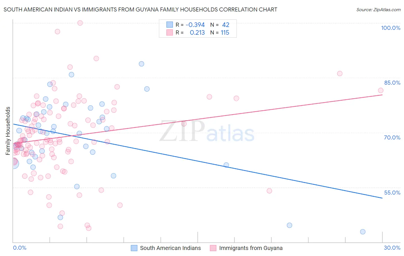 South American Indian vs Immigrants from Guyana Family Households