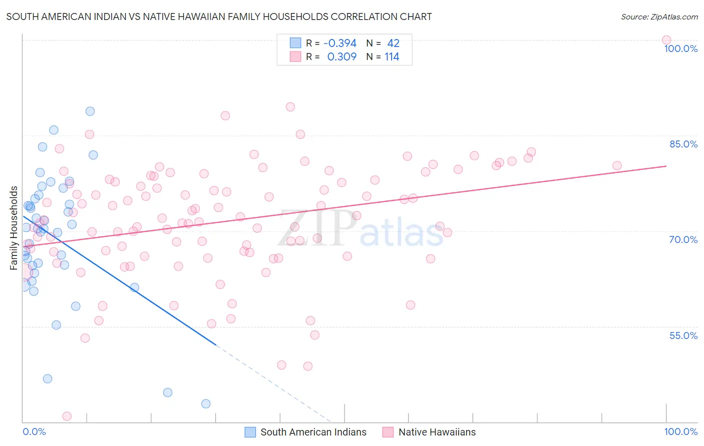 South American Indian vs Native Hawaiian Family Households