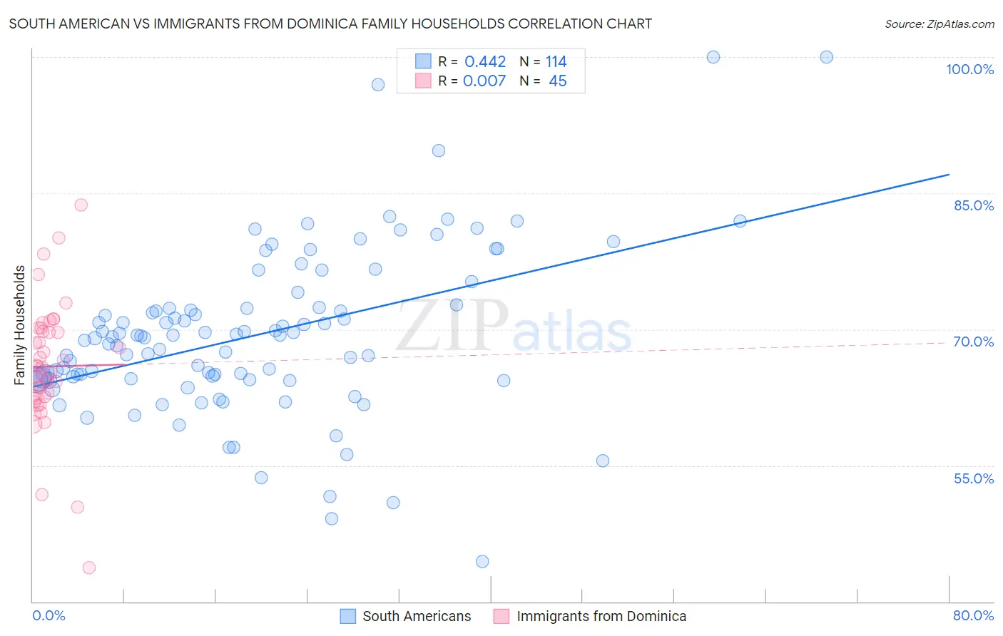 South American vs Immigrants from Dominica Family Households