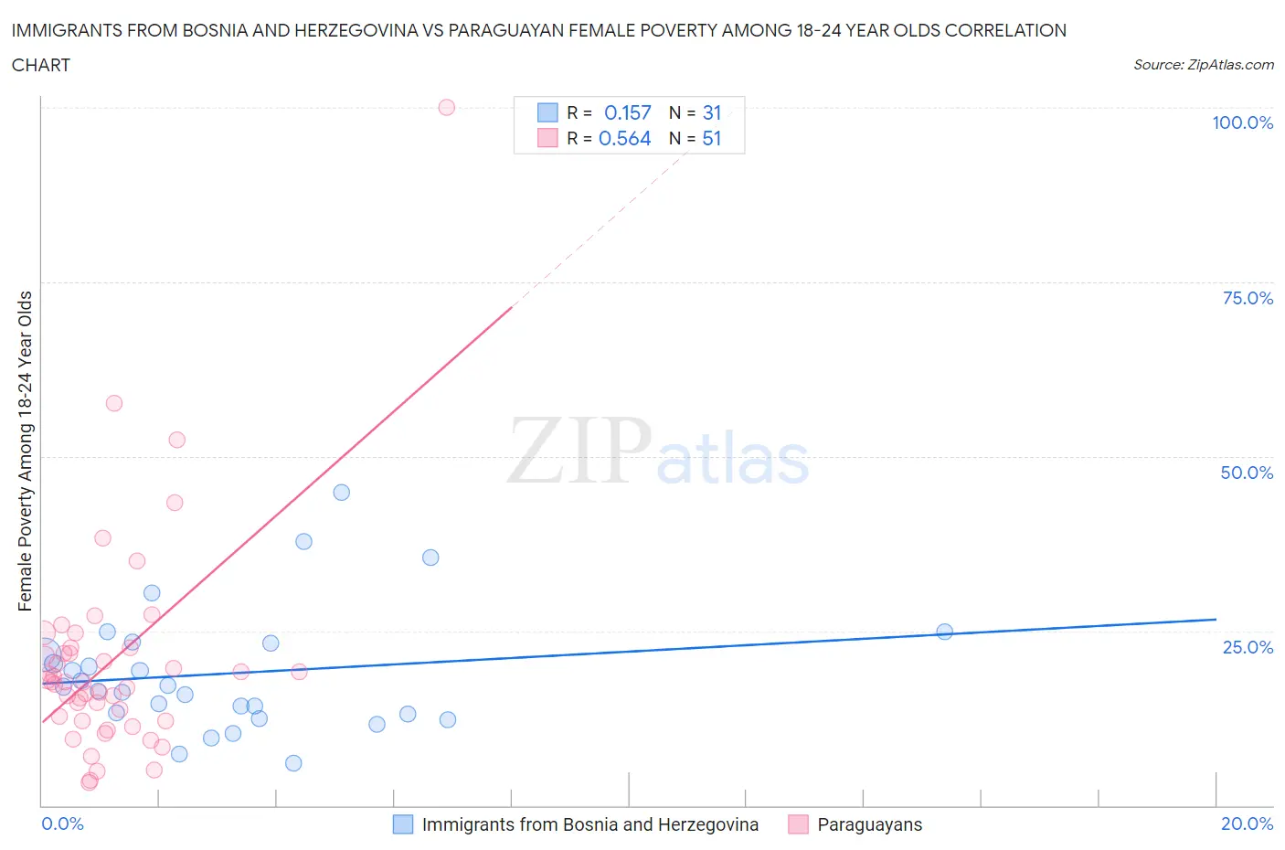 Immigrants from Bosnia and Herzegovina vs Paraguayan Female Poverty Among 18-24 Year Olds