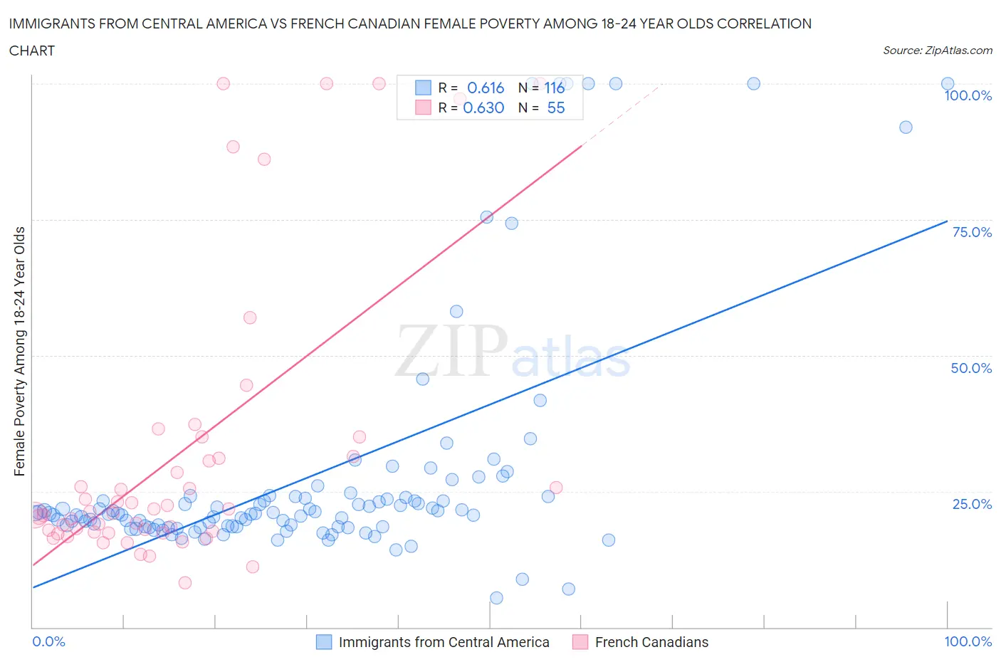 Immigrants from Central America vs French Canadian Female Poverty Among 18-24 Year Olds