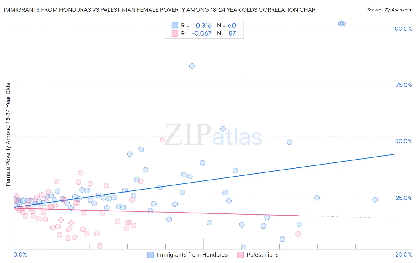 Immigrants from Honduras vs Palestinian Female Poverty Among 18-24 Year Olds