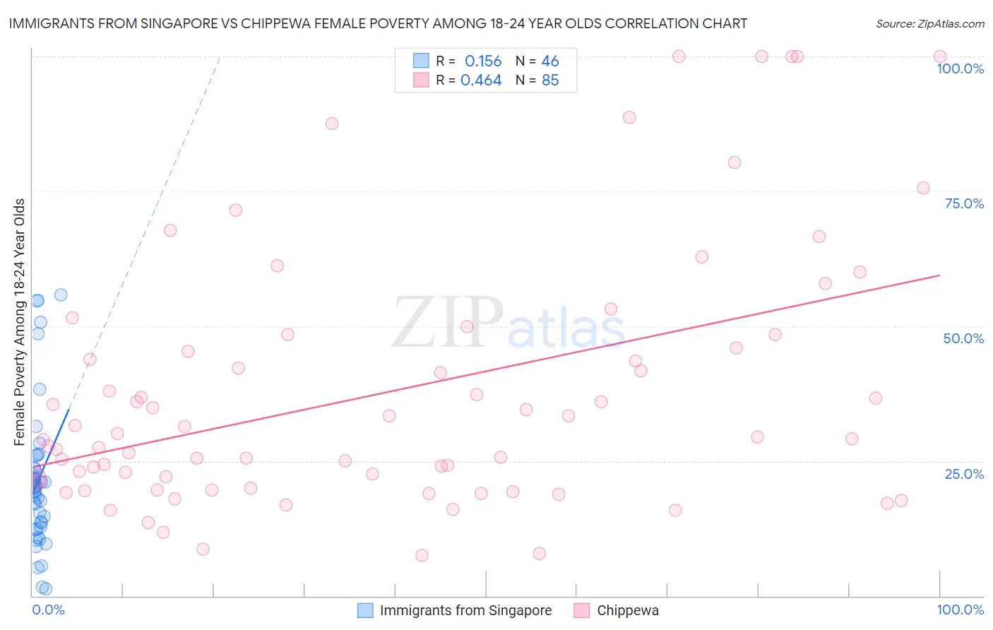 Immigrants from Singapore vs Chippewa Female Poverty Among 18-24 Year Olds