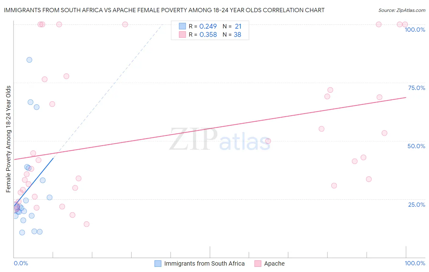 Immigrants from South Africa vs Apache Female Poverty Among 18-24 Year Olds
