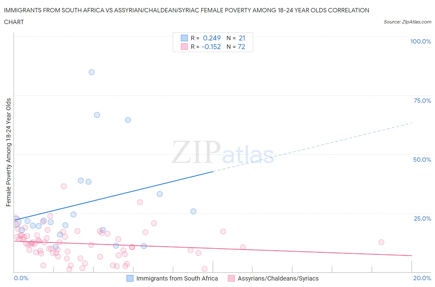 Immigrants from South Africa vs Assyrian/Chaldean/Syriac Female Poverty Among 18-24 Year Olds