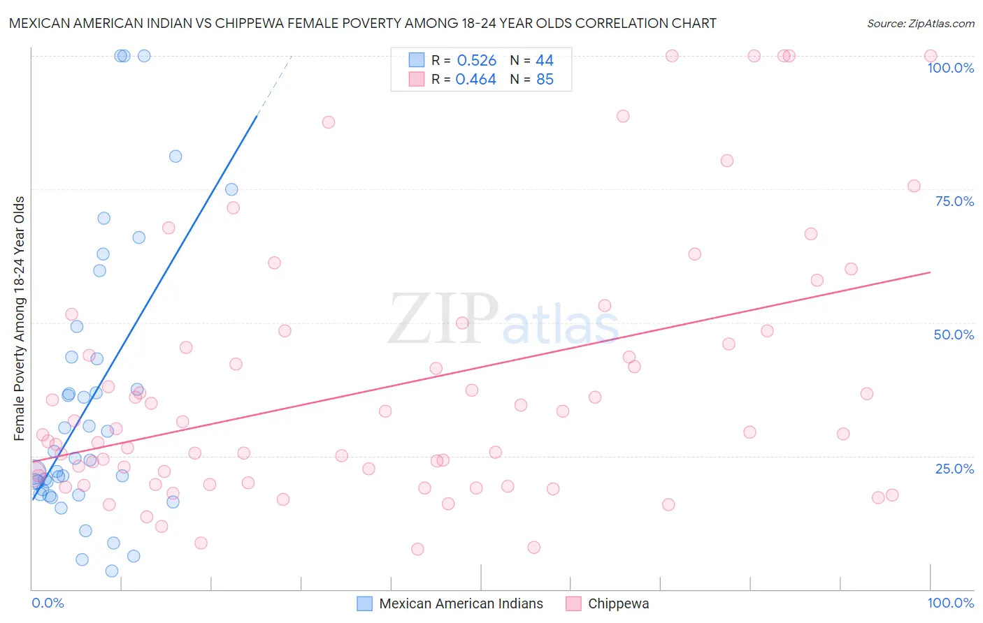 Mexican American Indian vs Chippewa Female Poverty Among 18-24 Year Olds