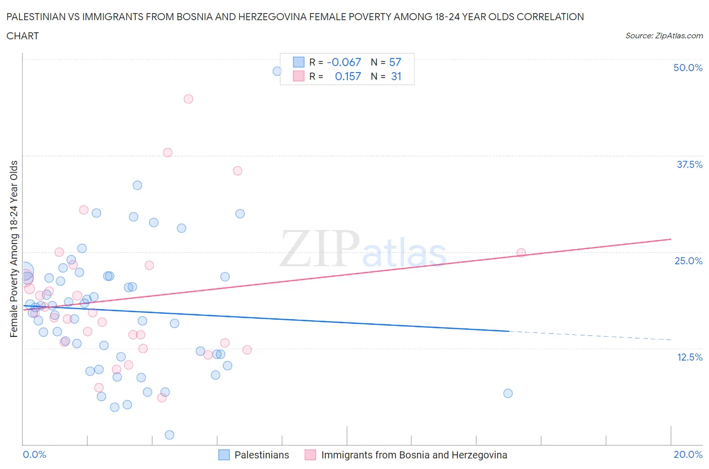 Palestinian vs Immigrants from Bosnia and Herzegovina Female Poverty Among 18-24 Year Olds