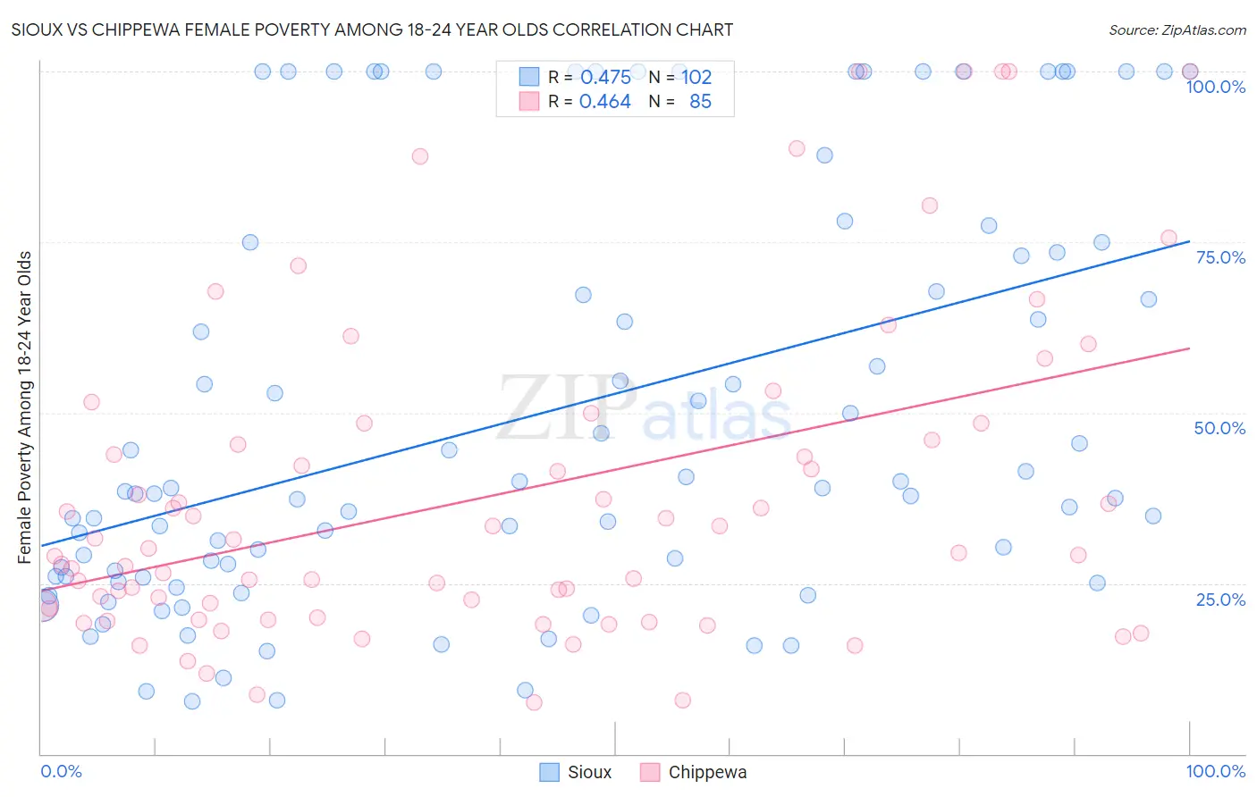 Sioux vs Chippewa Female Poverty Among 18-24 Year Olds