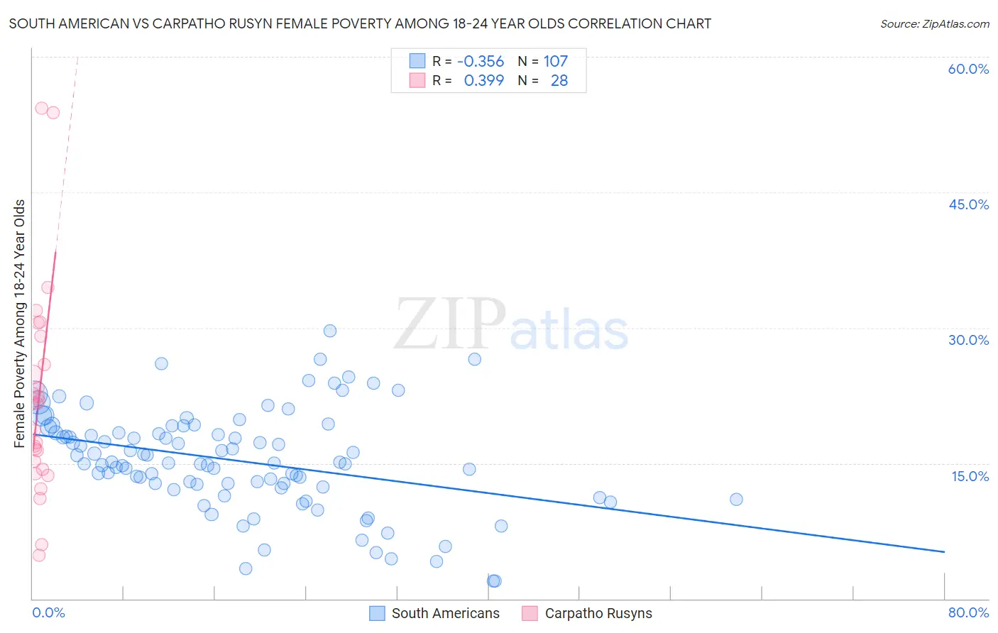 South American vs Carpatho Rusyn Female Poverty Among 18-24 Year Olds
