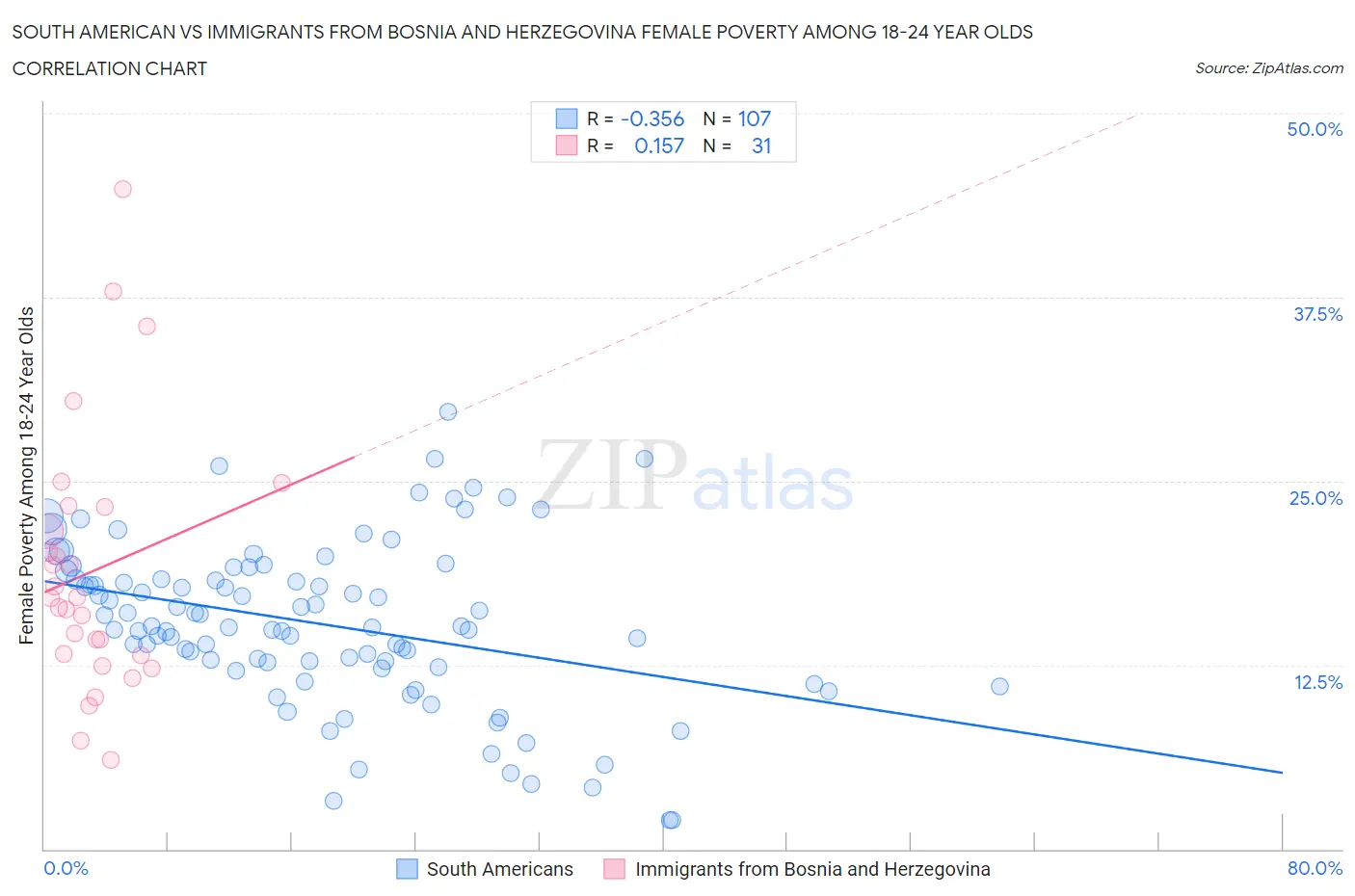 South American vs Immigrants from Bosnia and Herzegovina Female Poverty Among 18-24 Year Olds