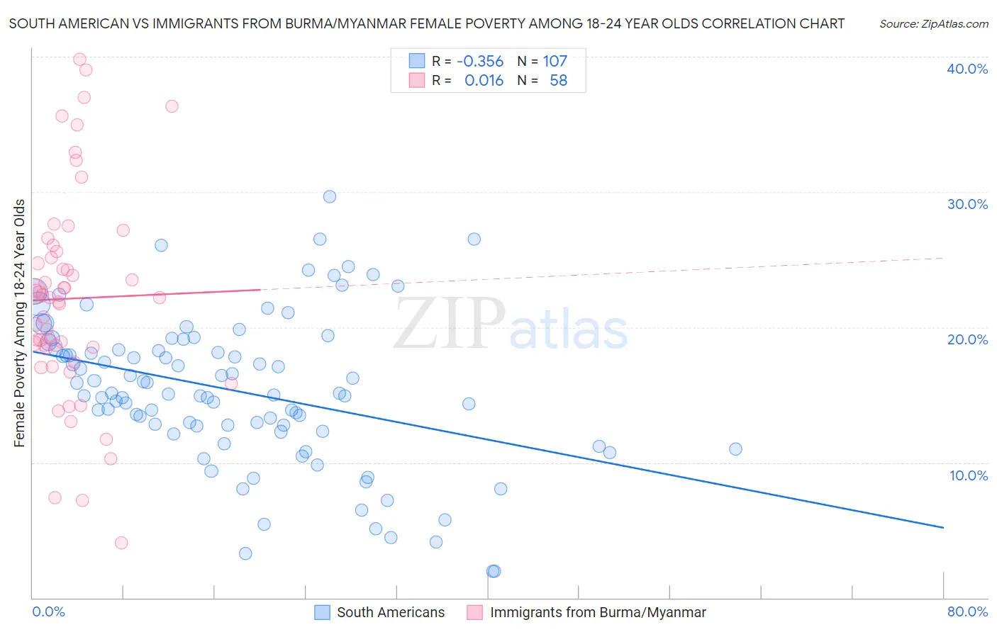 South American vs Immigrants from Burma/Myanmar Female Poverty Among 18-24 Year Olds