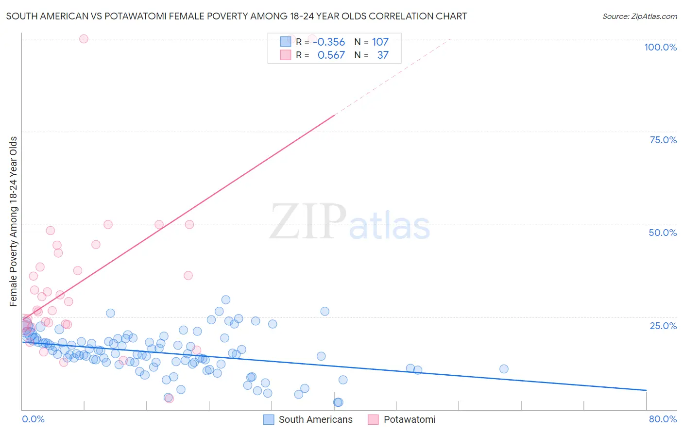 South American vs Potawatomi Female Poverty Among 18-24 Year Olds