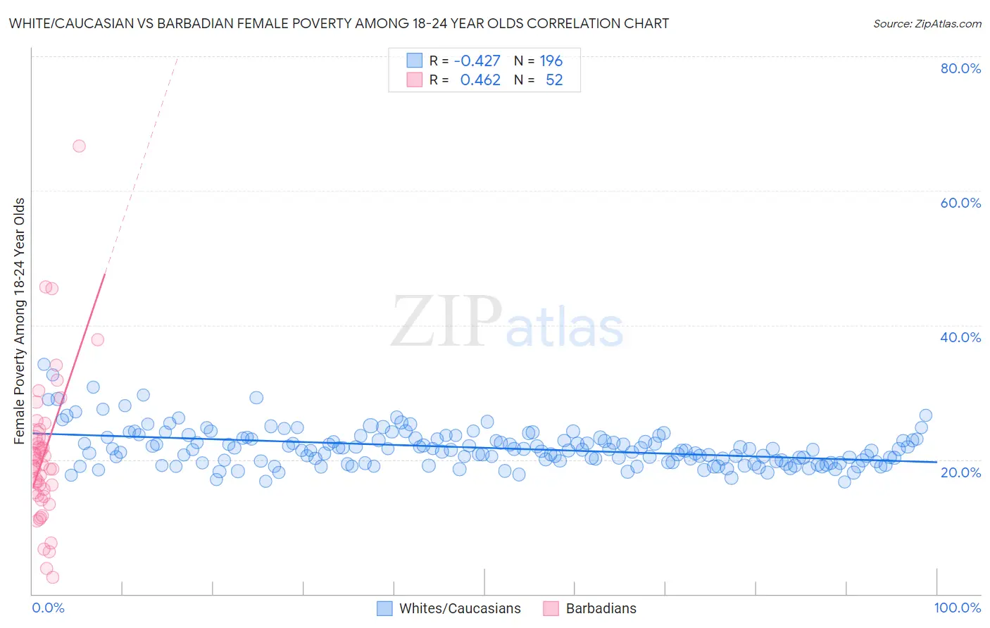 White/Caucasian vs Barbadian Female Poverty Among 18-24 Year Olds