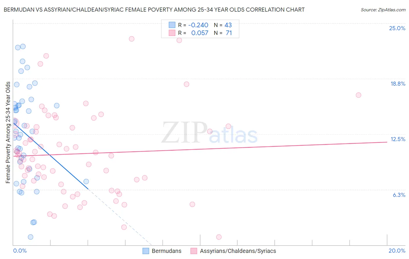 Bermudan vs Assyrian/Chaldean/Syriac Female Poverty Among 25-34 Year Olds