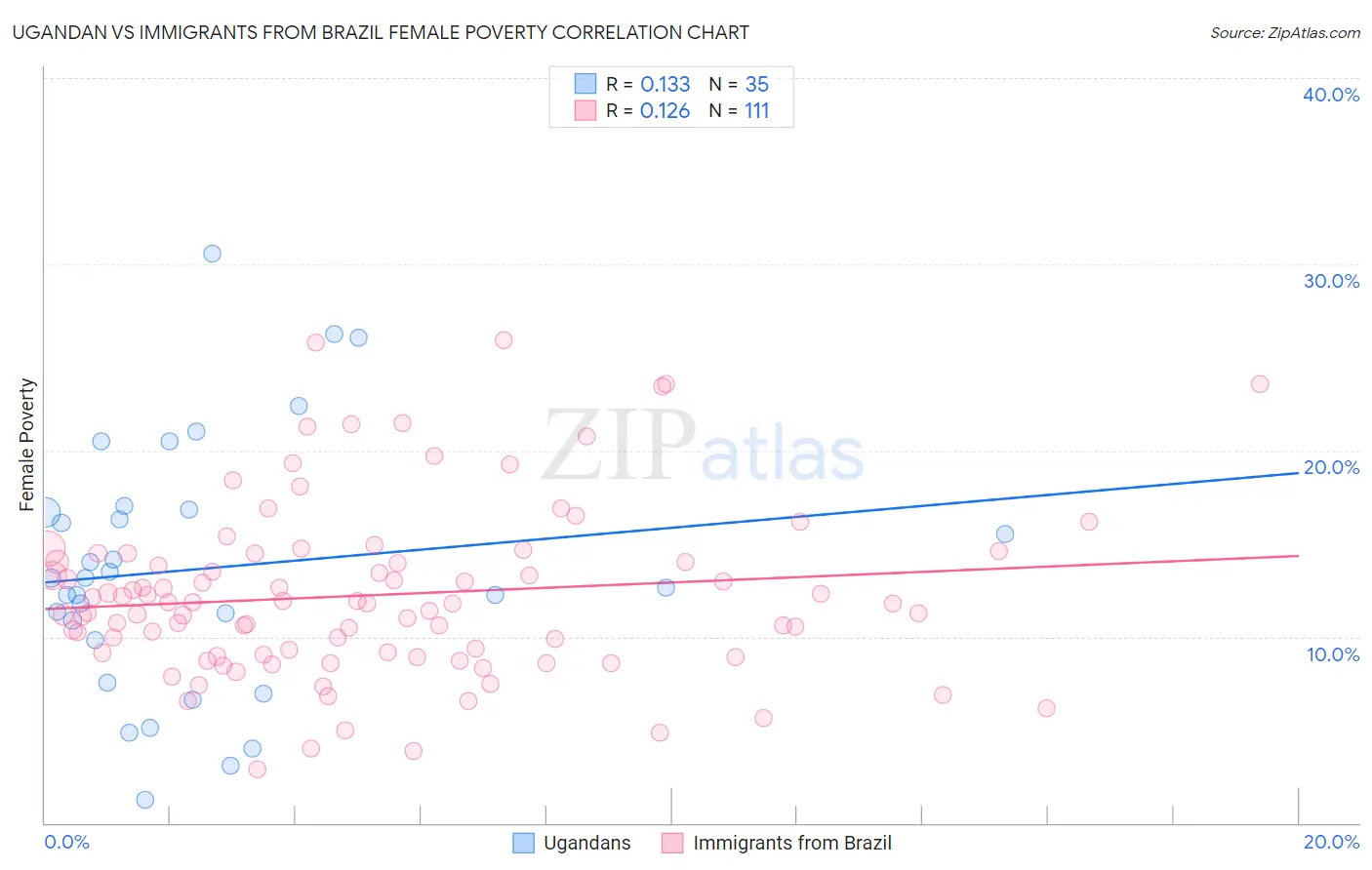 Ugandan vs Immigrants from Brazil Female Poverty