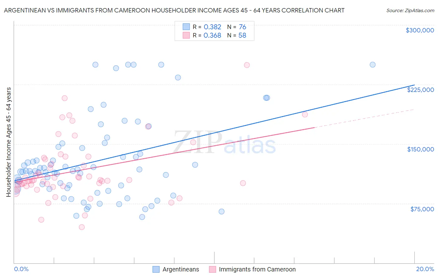 Argentinean vs Immigrants from Cameroon Householder Income Ages 45 - 64 years