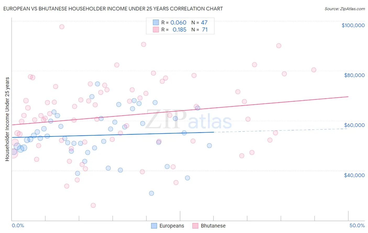 European vs Bhutanese Householder Income Under 25 years