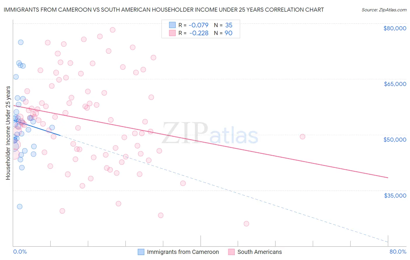 Immigrants from Cameroon vs South American Householder Income Under 25 years