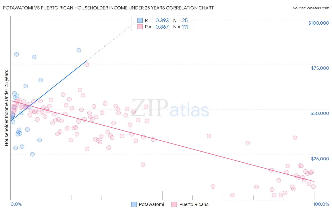 Potawatomi vs Puerto Rican Householder Income Under 25 years