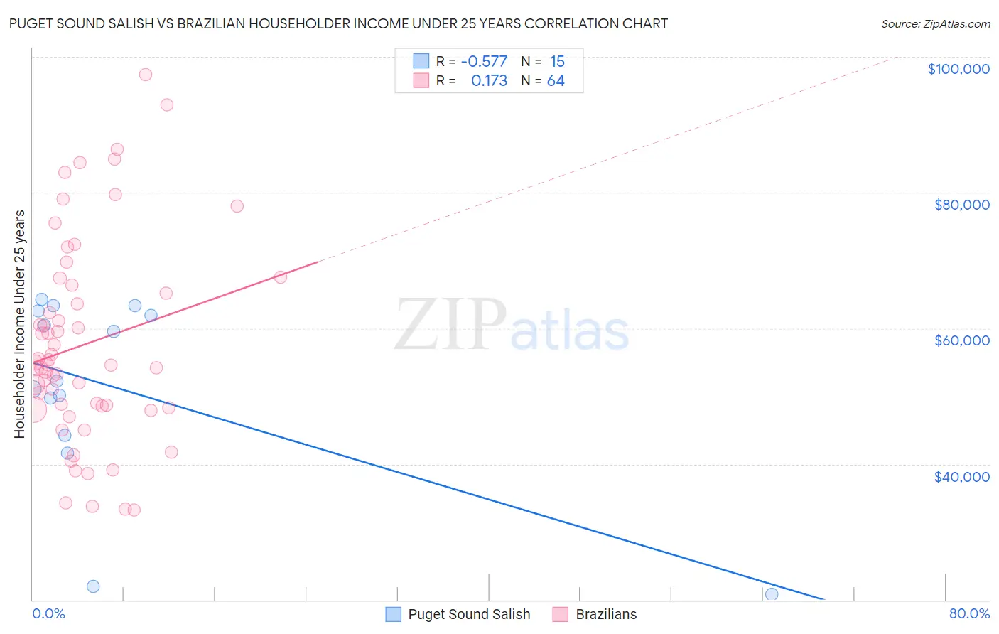 Puget Sound Salish vs Brazilian Householder Income Under 25 years