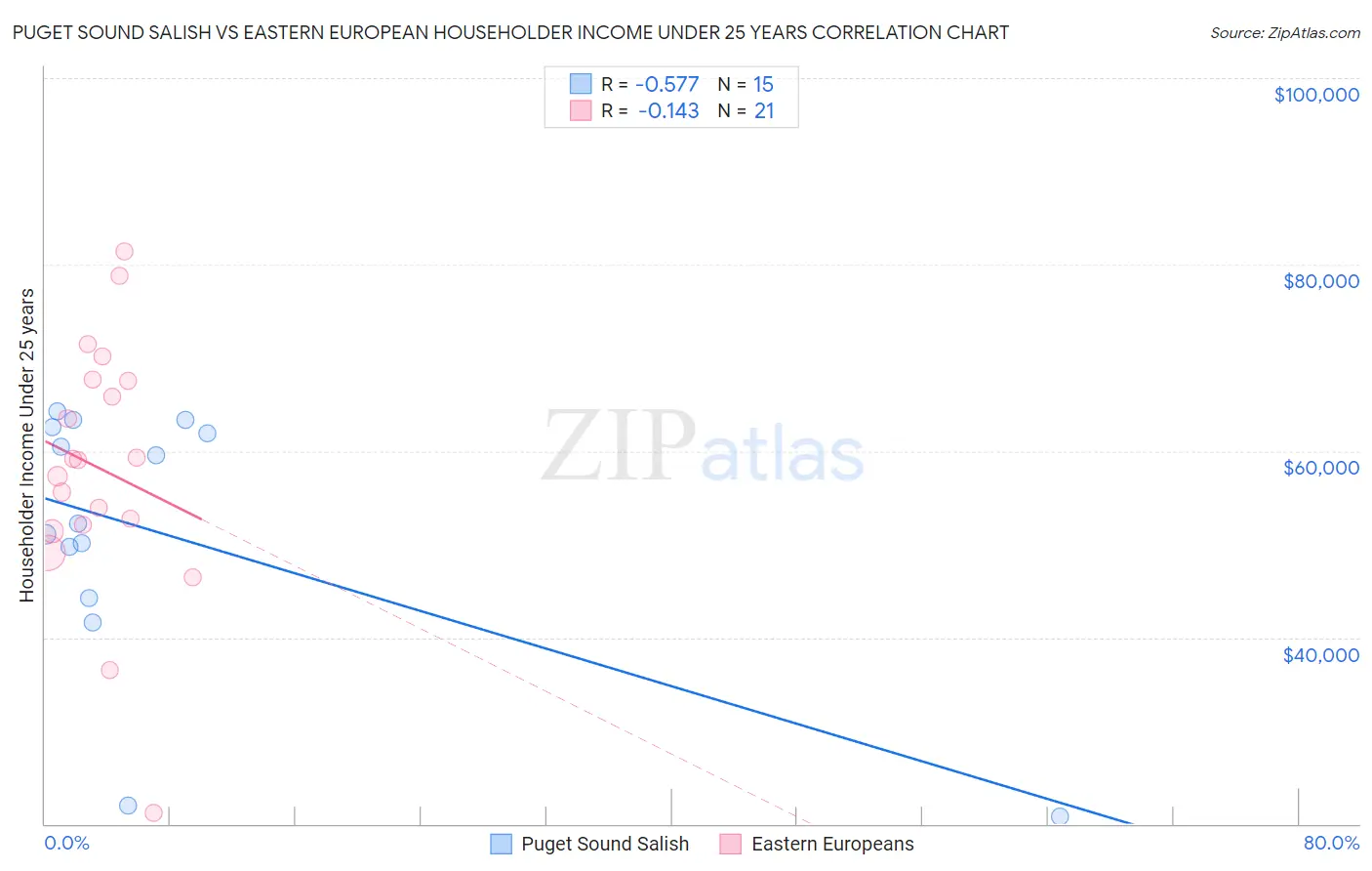 Puget Sound Salish vs Eastern European Householder Income Under 25 years