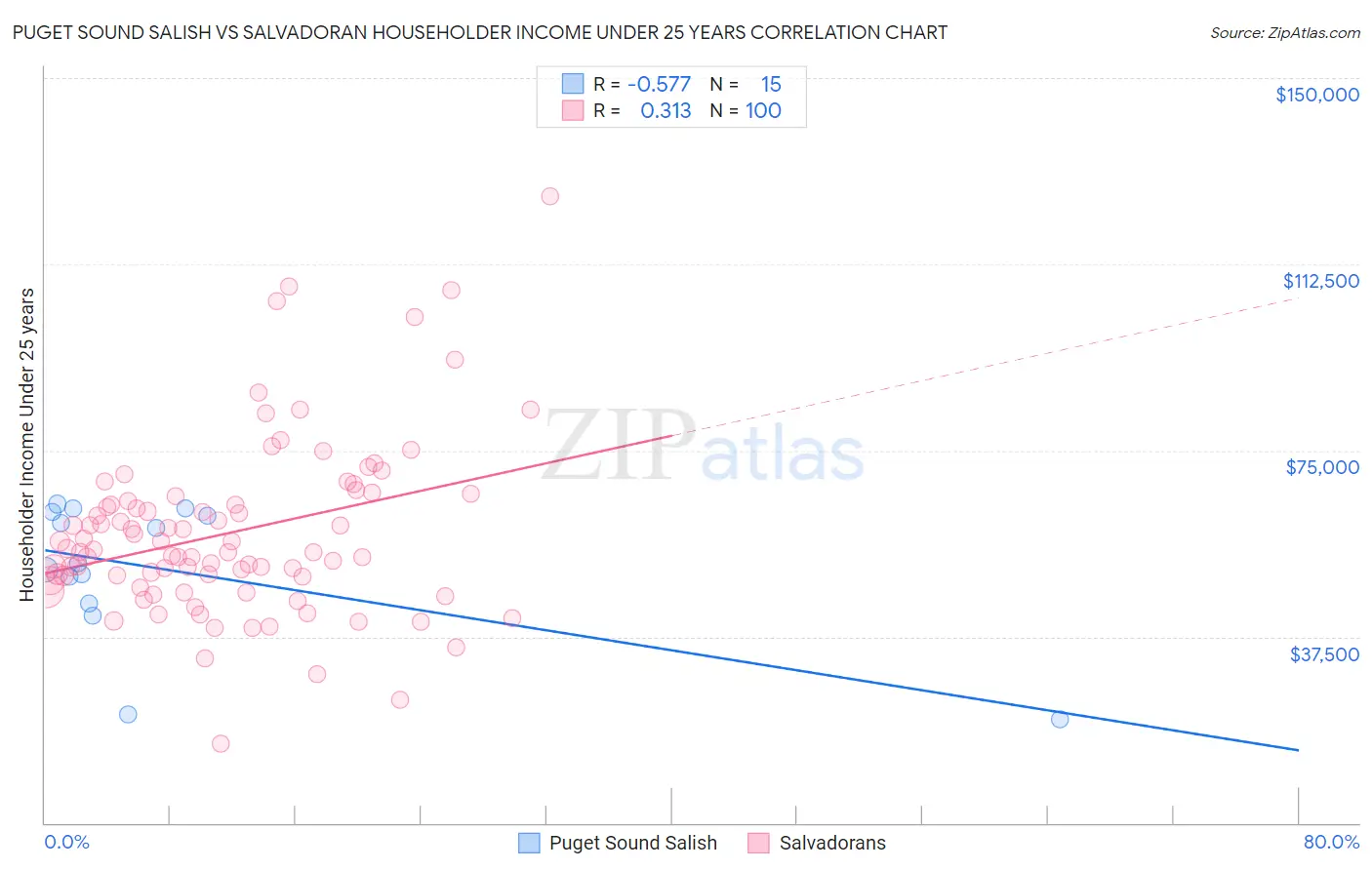 Puget Sound Salish vs Salvadoran Householder Income Under 25 years