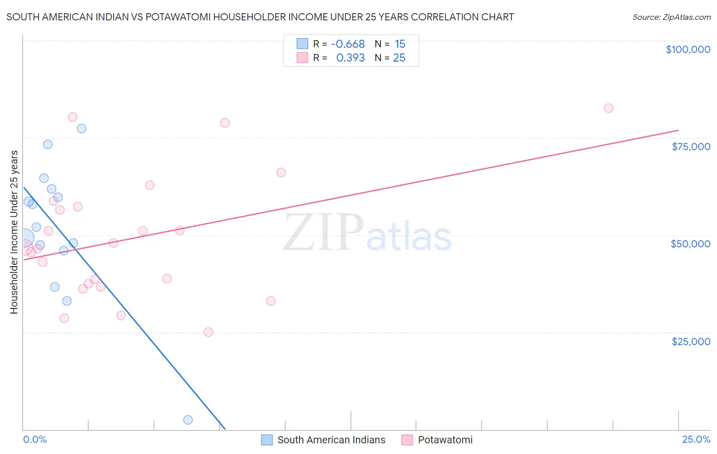 South American Indian vs Potawatomi Householder Income Under 25 years