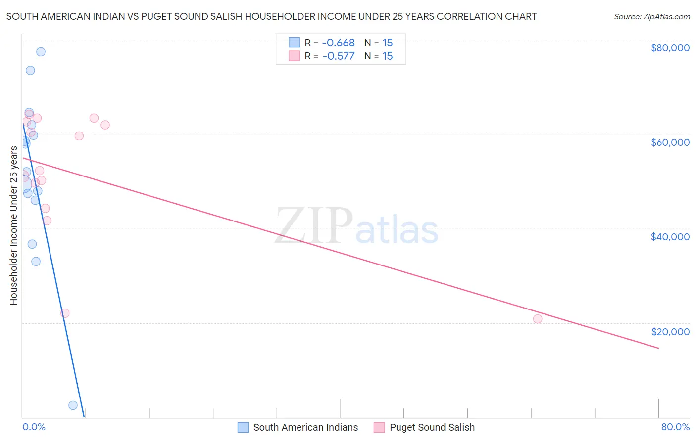 South American Indian vs Puget Sound Salish Householder Income Under 25 years