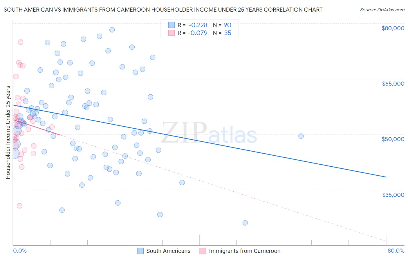 South American vs Immigrants from Cameroon Householder Income Under 25 years