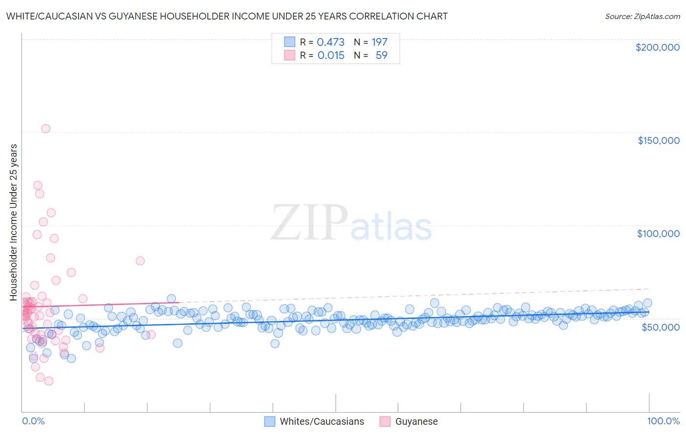 White/Caucasian vs Guyanese Householder Income Under 25 years