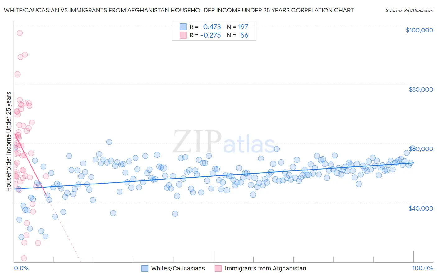 White/Caucasian vs Immigrants from Afghanistan Householder Income Under 25 years
