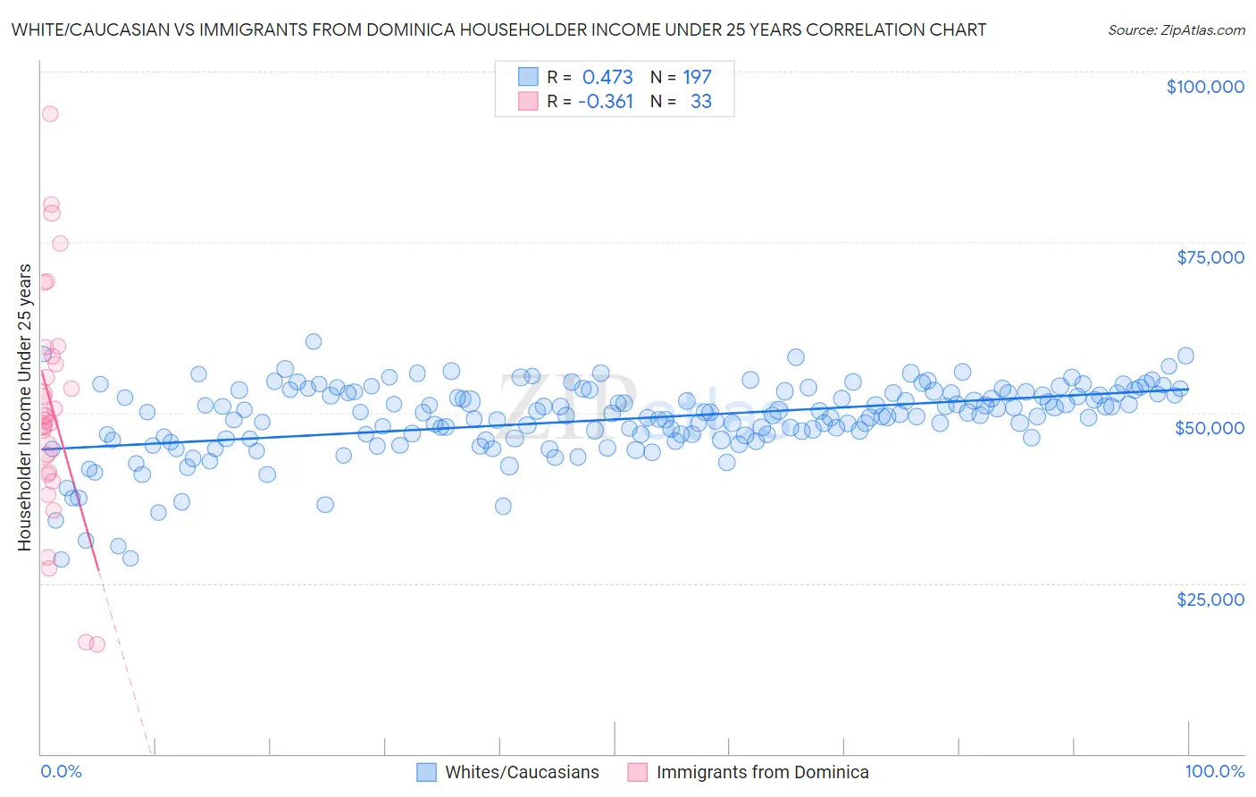 White/Caucasian vs Immigrants from Dominica Householder Income Under 25 years