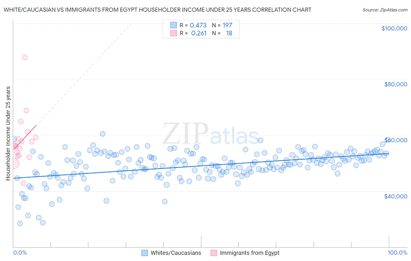 White/Caucasian vs Immigrants from Egypt Householder Income Under 25 years