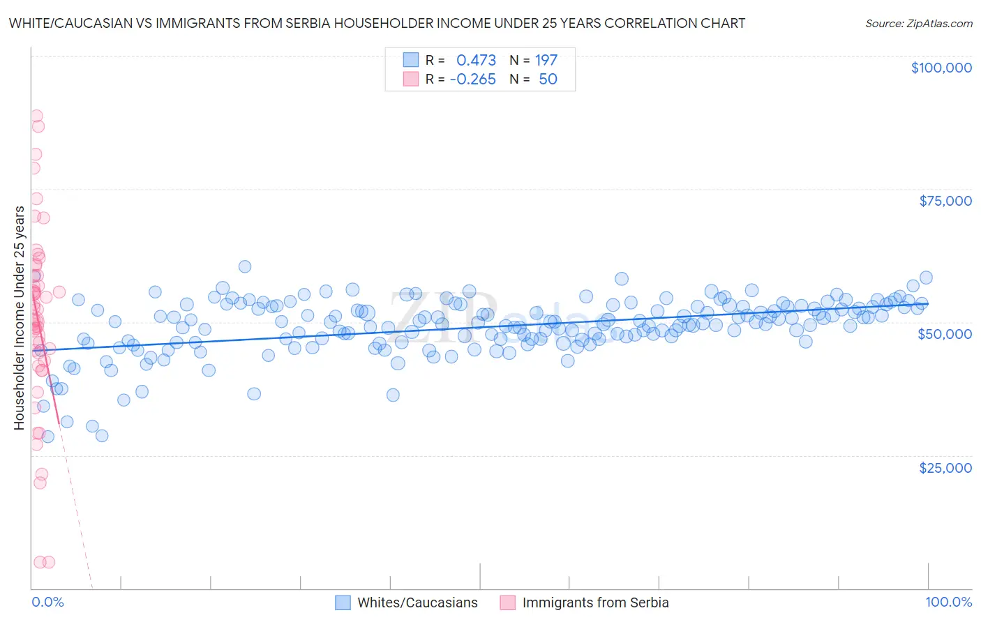 White/Caucasian vs Immigrants from Serbia Householder Income Under 25 years