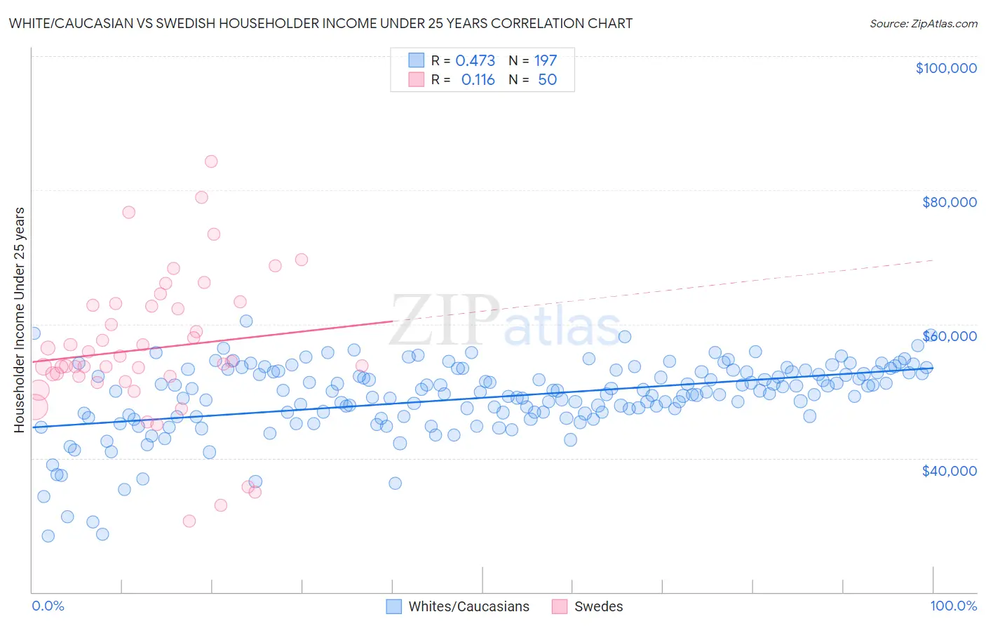 White/Caucasian vs Swedish Householder Income Under 25 years