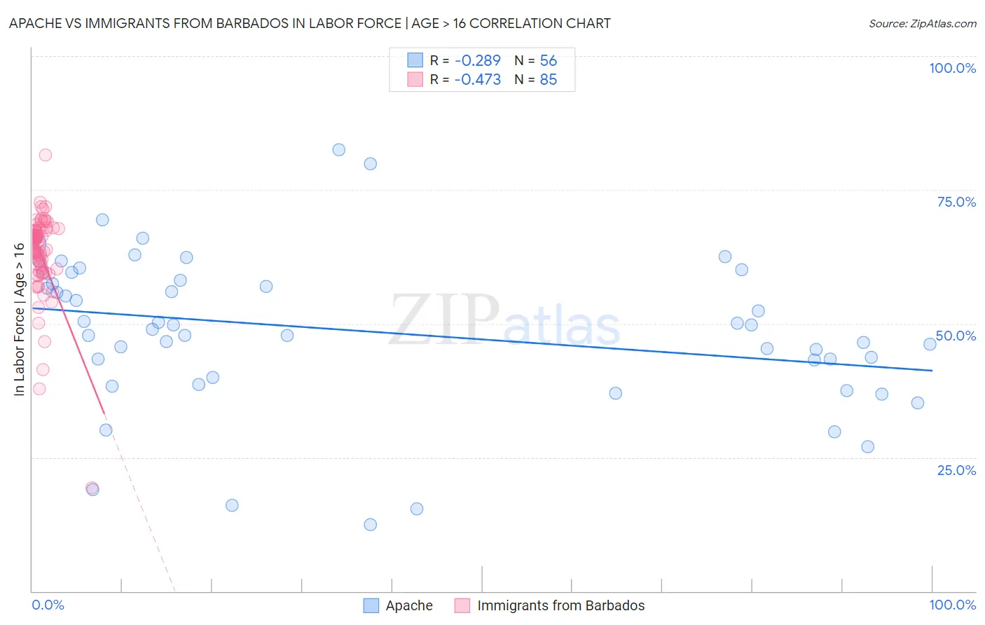 Apache vs Immigrants from Barbados In Labor Force | Age > 16