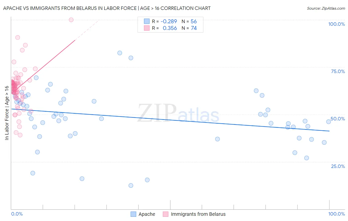 Apache vs Immigrants from Belarus In Labor Force | Age > 16