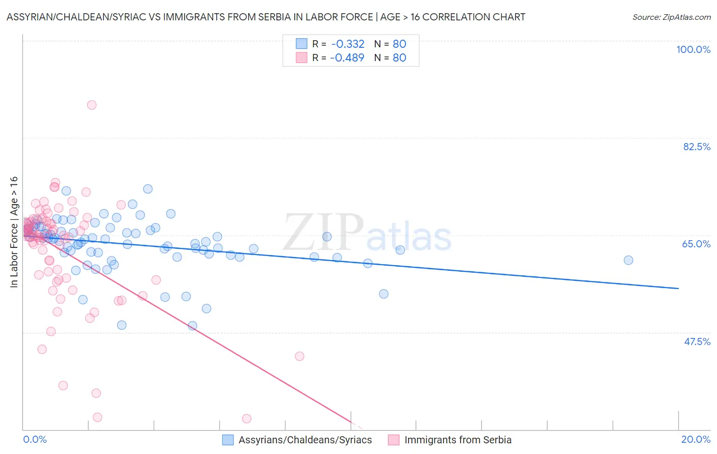 Assyrian/Chaldean/Syriac vs Immigrants from Serbia In Labor Force | Age > 16