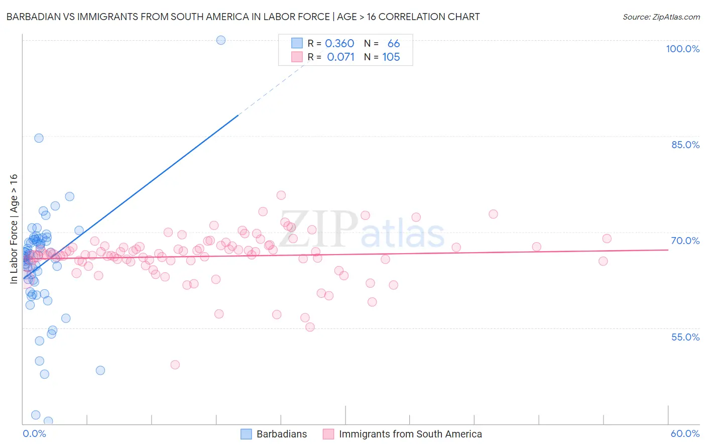 Barbadian vs Immigrants from South America In Labor Force | Age > 16