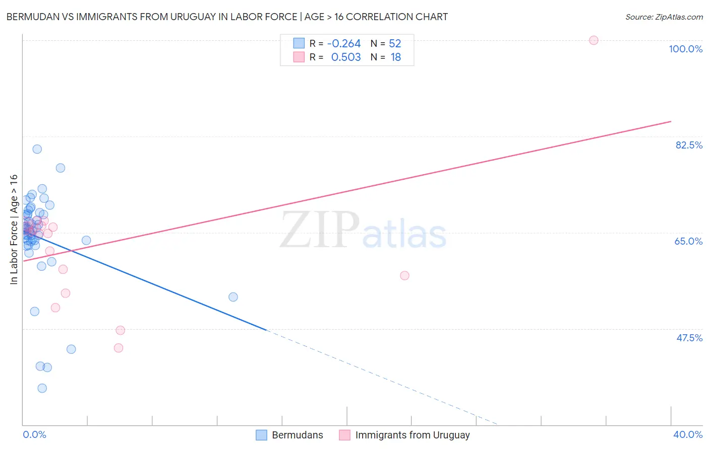 Bermudan vs Immigrants from Uruguay In Labor Force | Age > 16