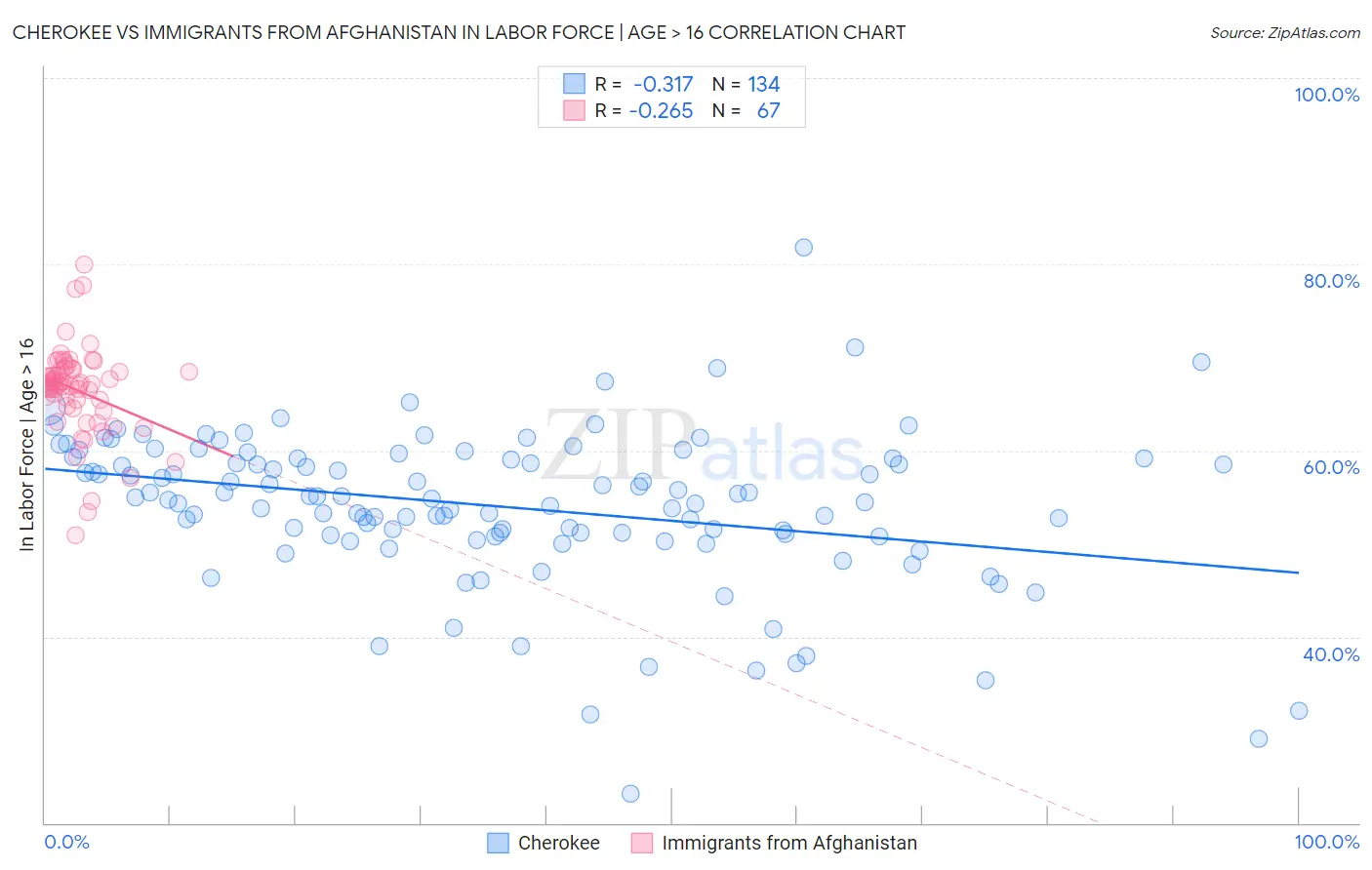 Cherokee vs Immigrants from Afghanistan In Labor Force | Age > 16