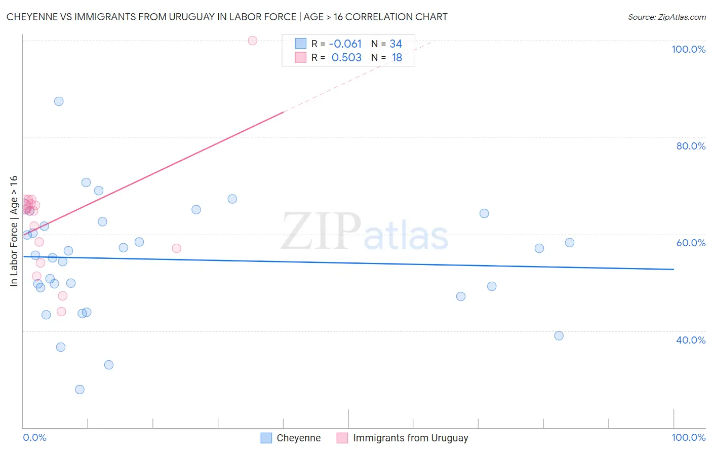 Cheyenne vs Immigrants from Uruguay In Labor Force | Age > 16