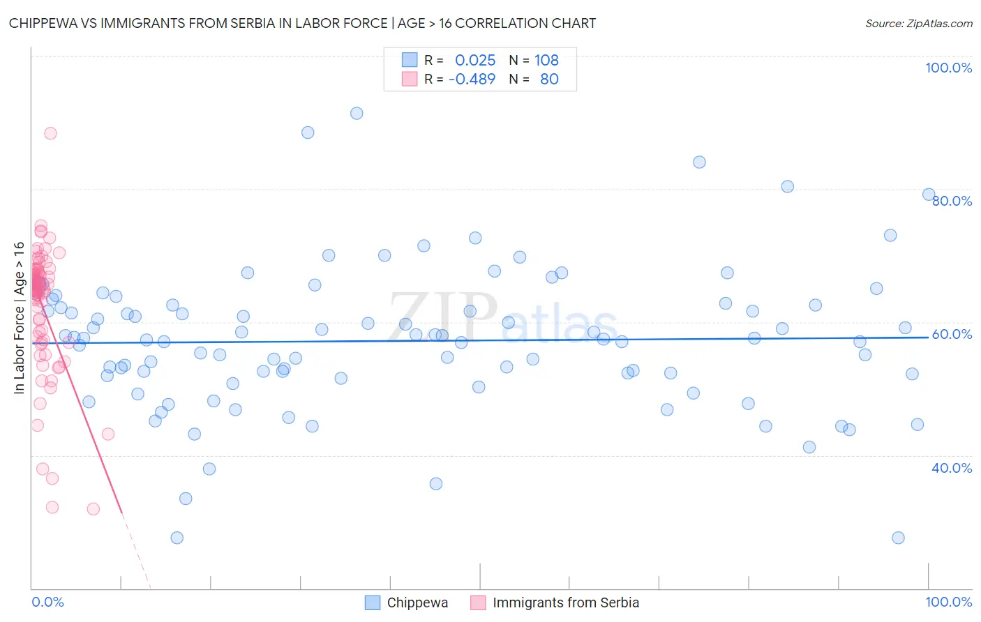 Chippewa vs Immigrants from Serbia In Labor Force | Age > 16