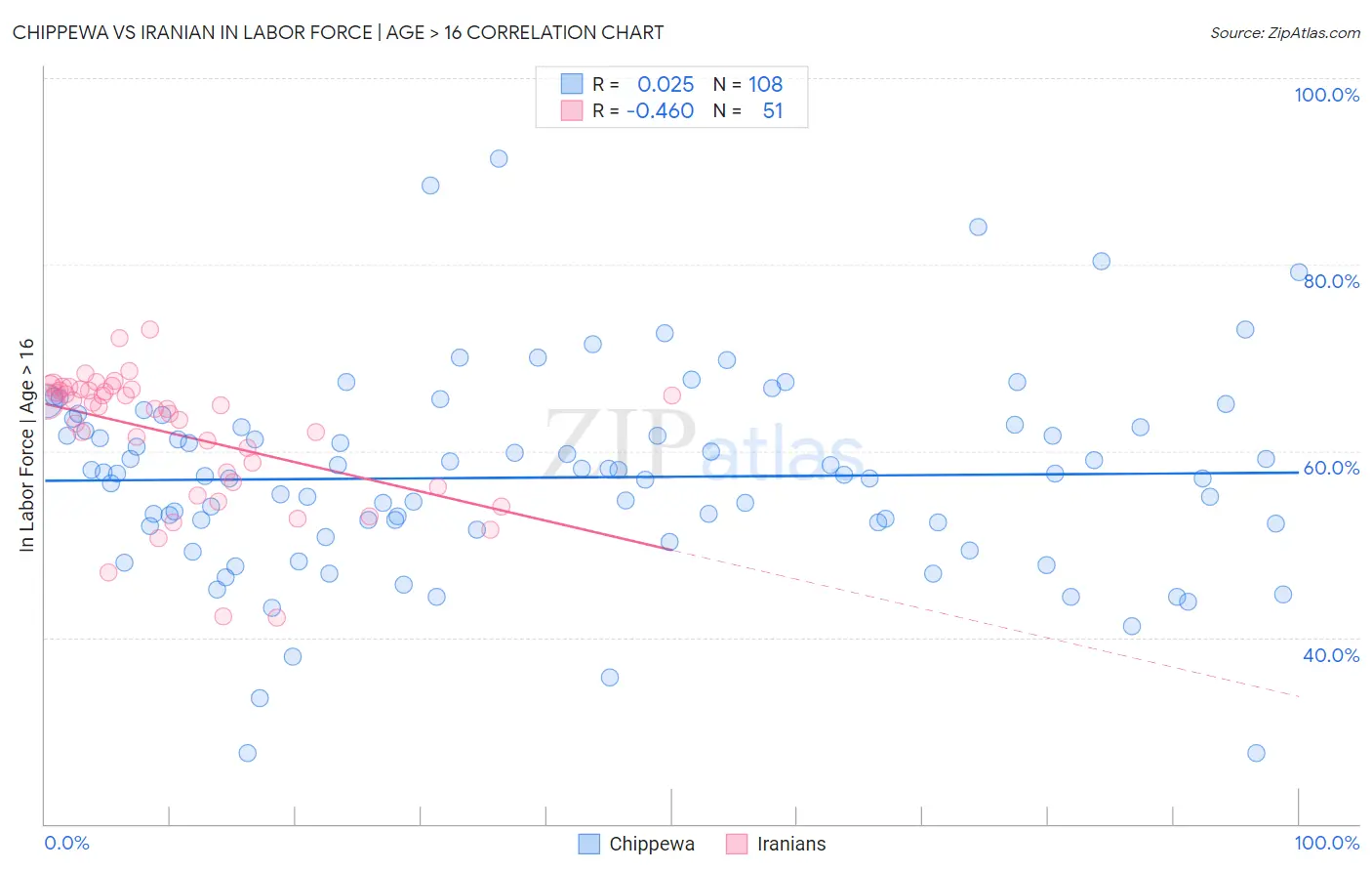 Chippewa vs Iranian In Labor Force | Age > 16