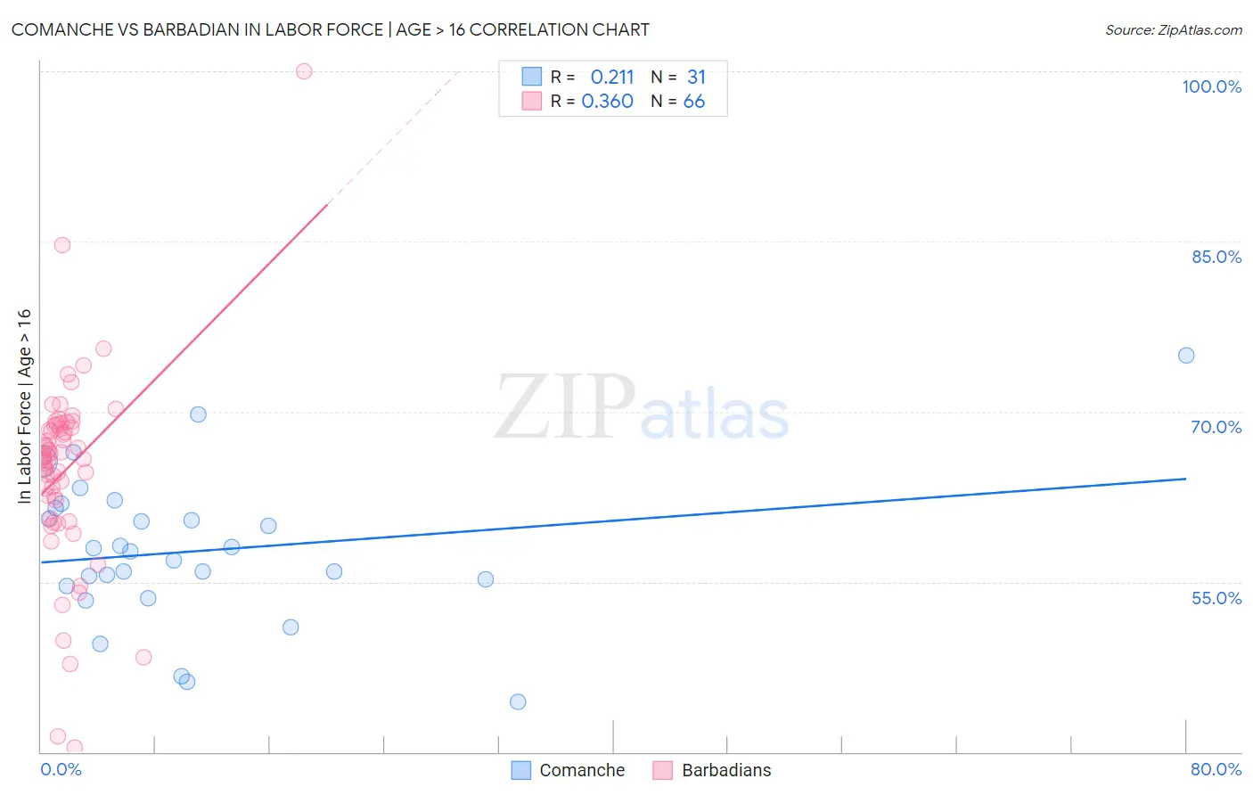 Comanche vs Barbadian In Labor Force | Age > 16