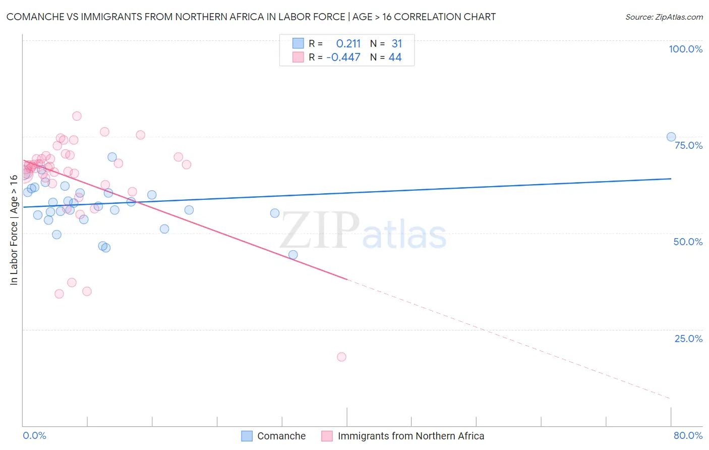 Comanche vs Immigrants from Northern Africa In Labor Force | Age > 16