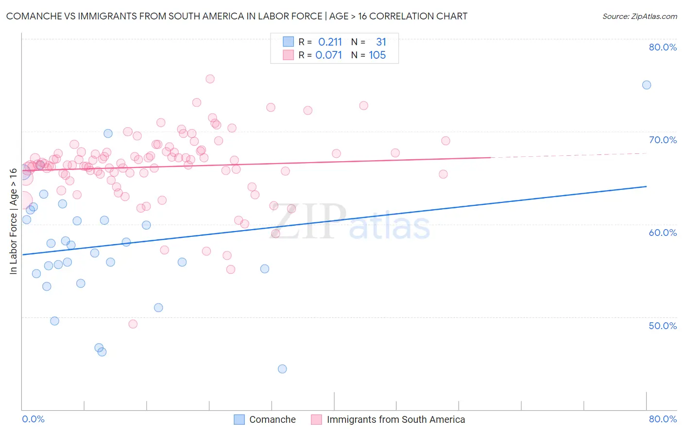 Comanche vs Immigrants from South America In Labor Force | Age > 16