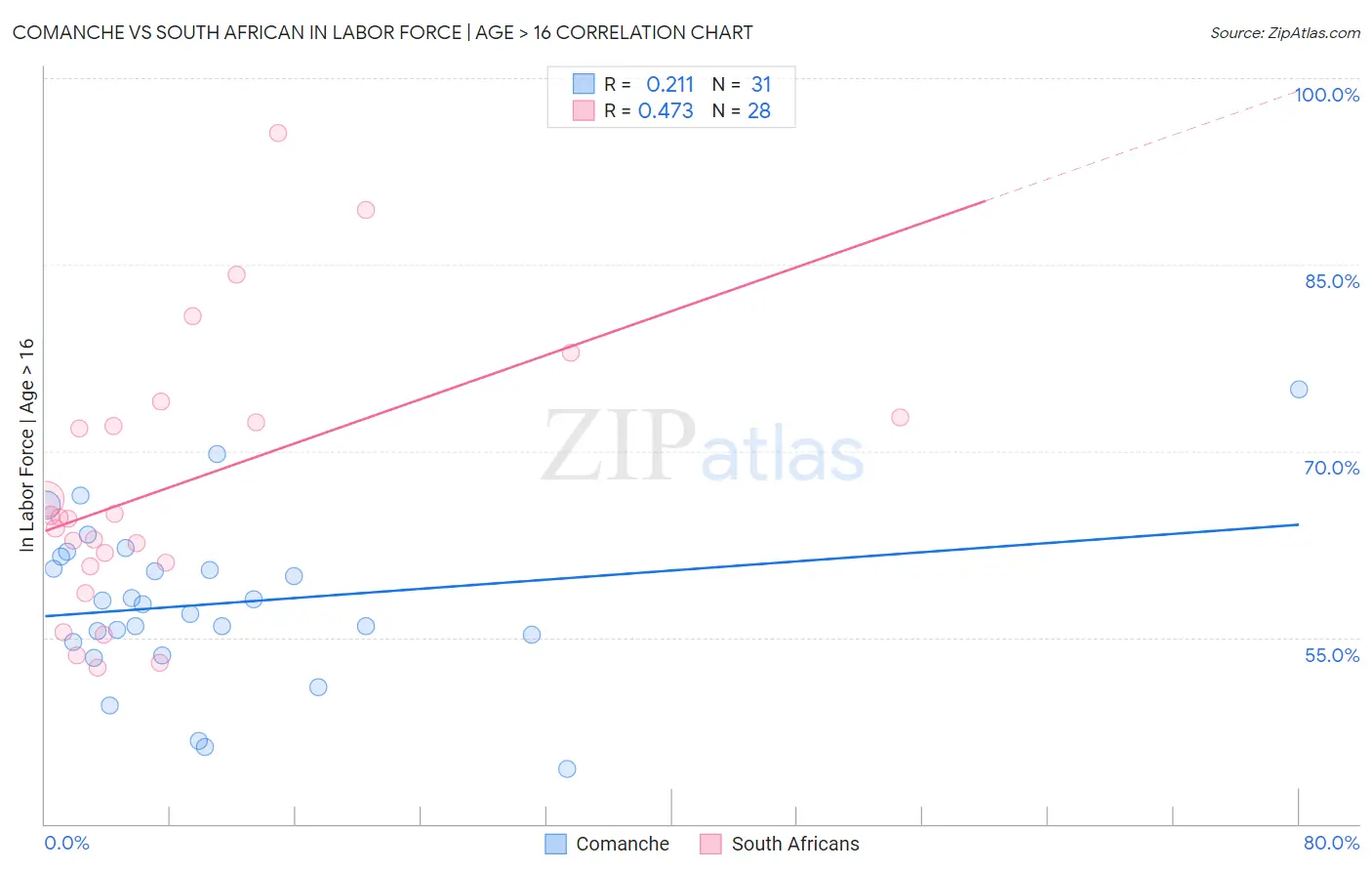 Comanche vs South African In Labor Force | Age > 16